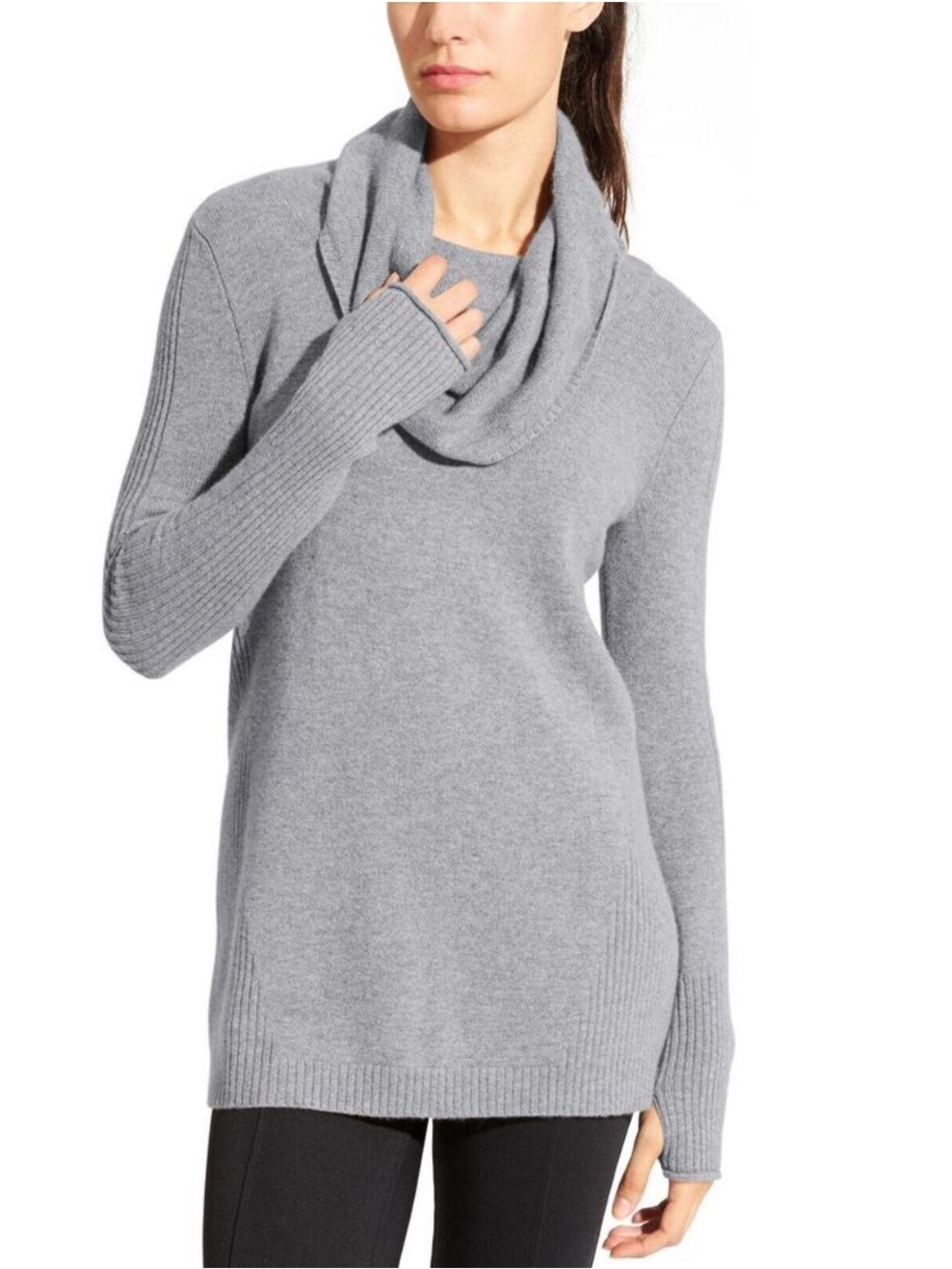 Athleta 100% Cashmere Cascade Sweater Cowl Neck Grey Heather Size L Luxury Cozy